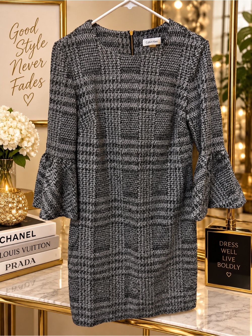 Calvin Klein Tweed-Inspired Plaid Bell-Sleeve Shift Dress Size 8